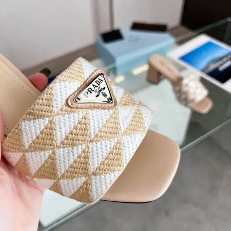 PRADA HEELED SLIDE SANDALS 65MM IN BEIGE AND WHITE FABRIC – PSD034