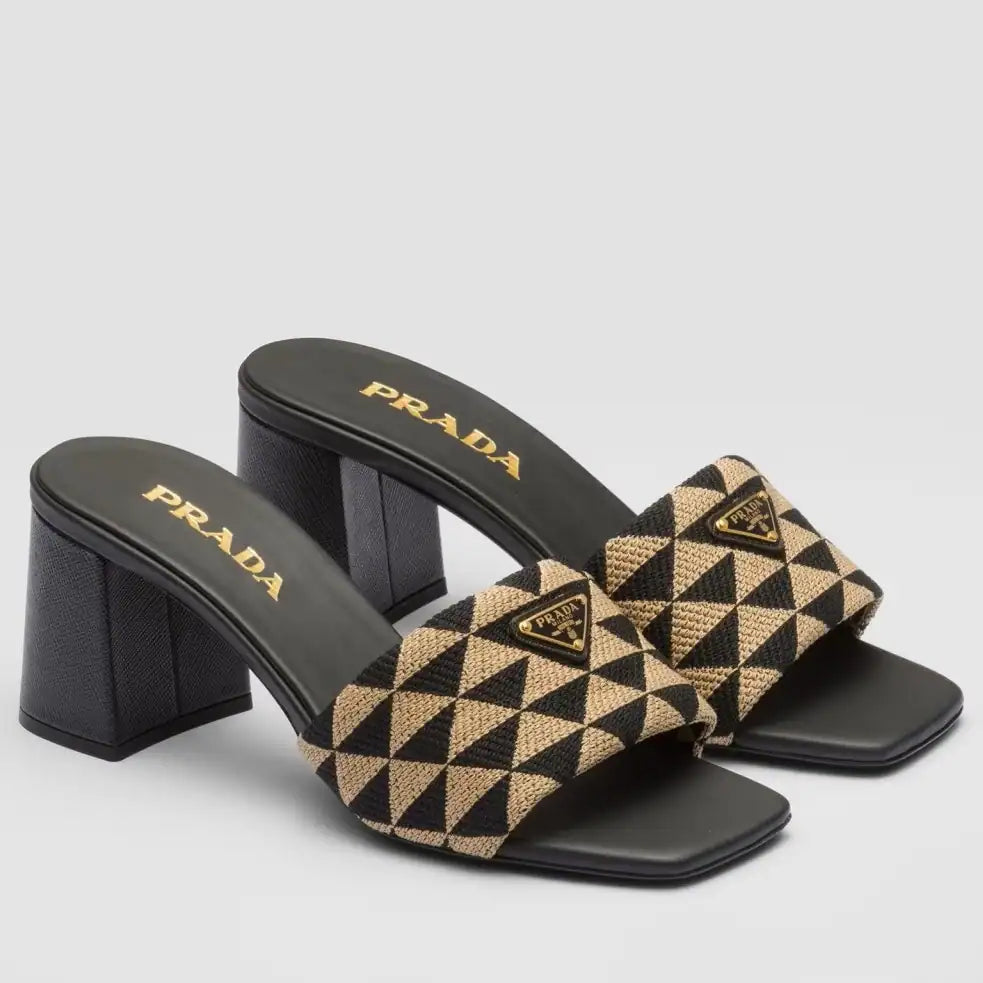 PRADA HEELED SLIDE SANDALS 65MM IN BLACK AND BEIGE FABRIC – PSD035