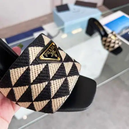 PRADA HEELED SLIDE SANDALS 65MM IN BLACK AND BEIGE FABRIC – PSD035