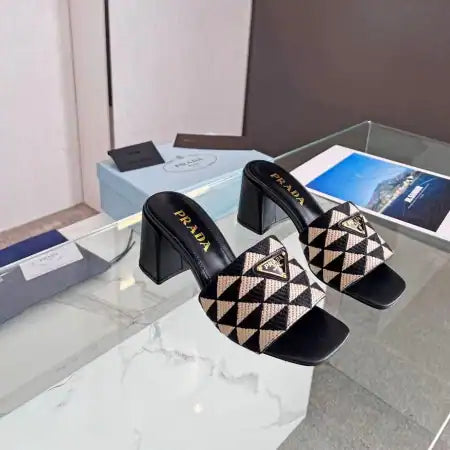 PRADA HEELED SLIDE SANDALS 65MM IN BLACK AND BEIGE FABRIC – PSD035