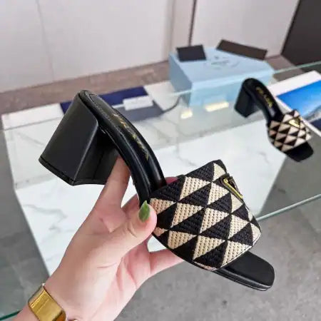 PRADA HEELED SLIDE SANDALS 65MM IN BLACK AND BEIGE FABRIC – PSD035
