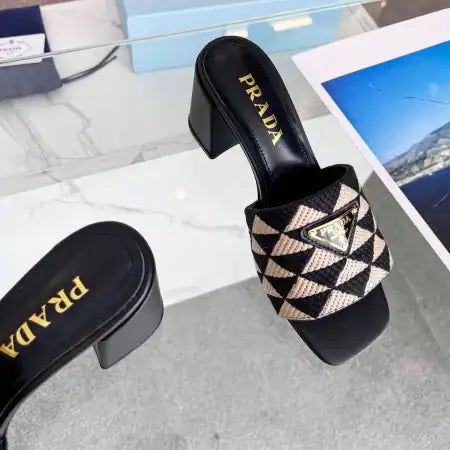 PRADA HEELED SLIDE SANDALS 65MM IN BLACK AND BEIGE FABRIC – PSD035