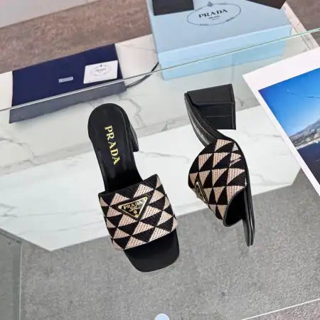 PRADA HEELED SLIDE SANDALS 65MM IN BLACK AND BEIGE FABRIC – PSD035