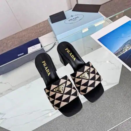 PRADA HEELED SLIDE SANDALS 65MM IN BLACK AND BEIGE FABRIC – PSD035