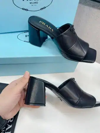 PRADA HEELED SLIDE SANDALS 65MM IN BLACK NAPPA LEATHER – PSD038