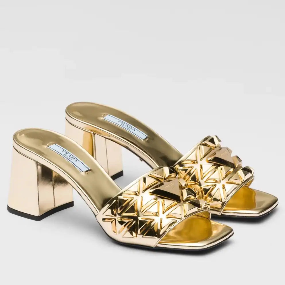 PRADA HEELED SLIDE SANDALS 65MM IN GOLD METALLIC LEATHER – PSD033