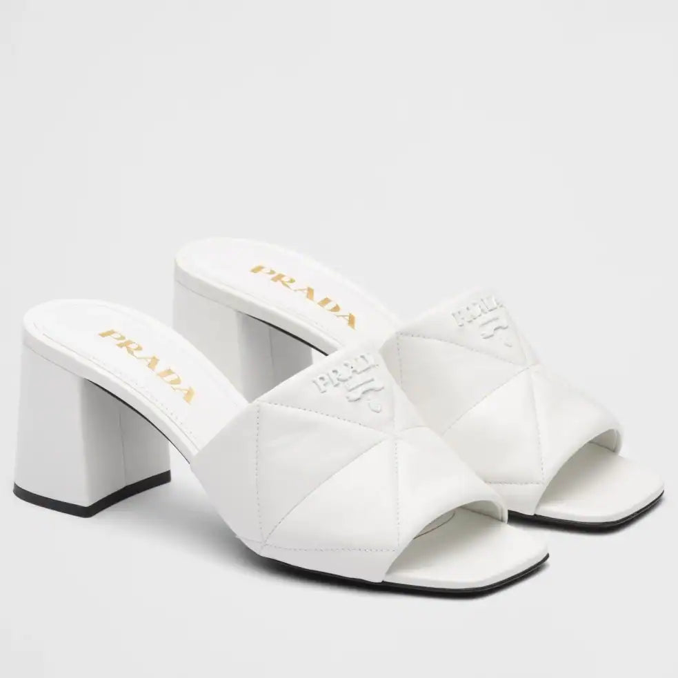 PRADA HEELED SLIDE SANDALS 65MM IN WHITE NAPPA LEATHER – PSD036