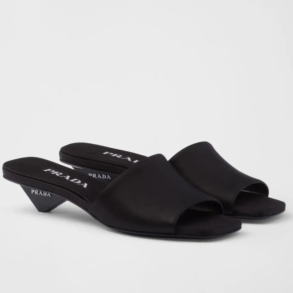 PRADA HEELED SLIDES 35MM IN BLACK SATIN – PSD066