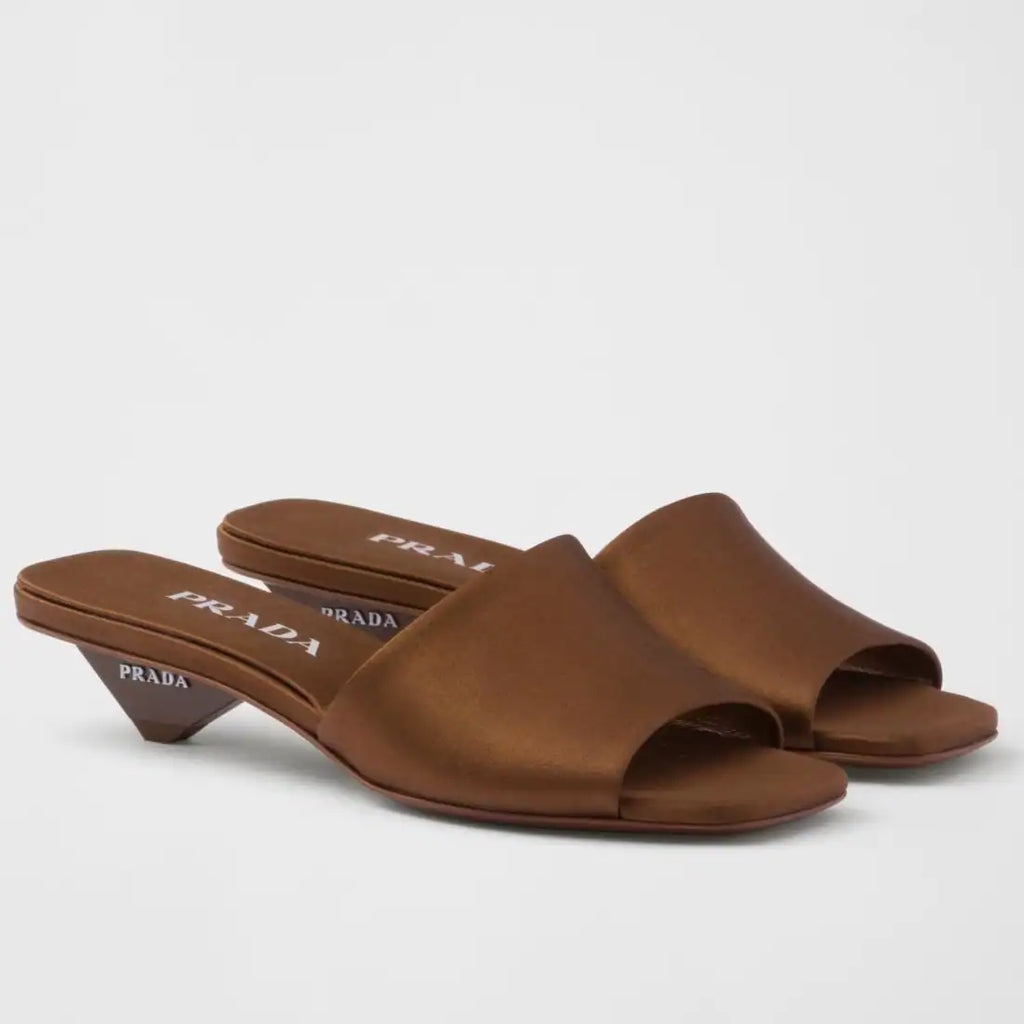 PRADA HEELED SLIDES 35MM IN TOBACCO SATIN – PSD065