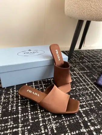 PRADA HEELED SLIDES 35MM IN TOBACCO SATIN – PSD065