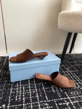 PRADA HEELED SLIDES 35MM IN TOBACCO SATIN – PSD065