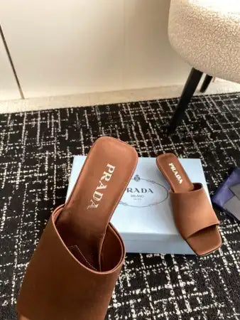 PRADA HEELED SLIDES 35MM IN TOBACCO SATIN – PSD065