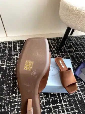 PRADA HEELED SLIDES 35MM IN TOBACCO SATIN – PSD065