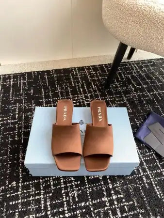 PRADA HEELED SLIDES 35MM IN TOBACCO SATIN – PSD065