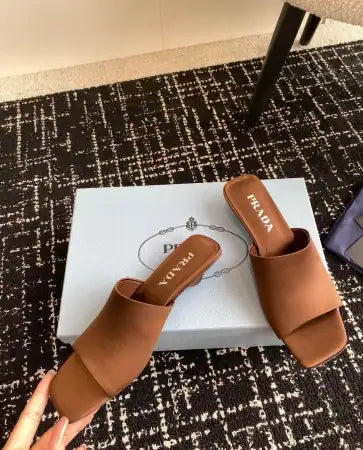 PRADA HEELED SLIDES 35MM IN TOBACCO SATIN – PSD065