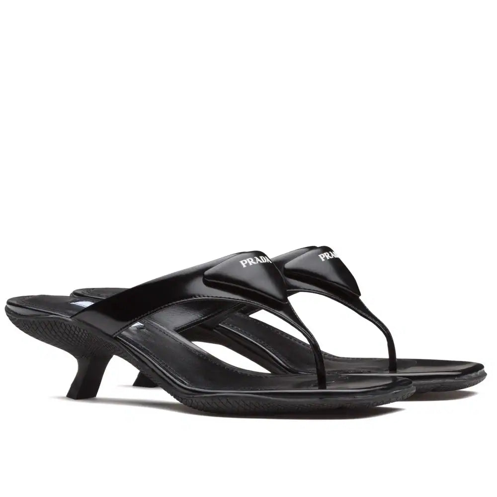 PRADA HEELED THONG SANDALS IN BLACK BRUSHED LEATHER – PSD052
