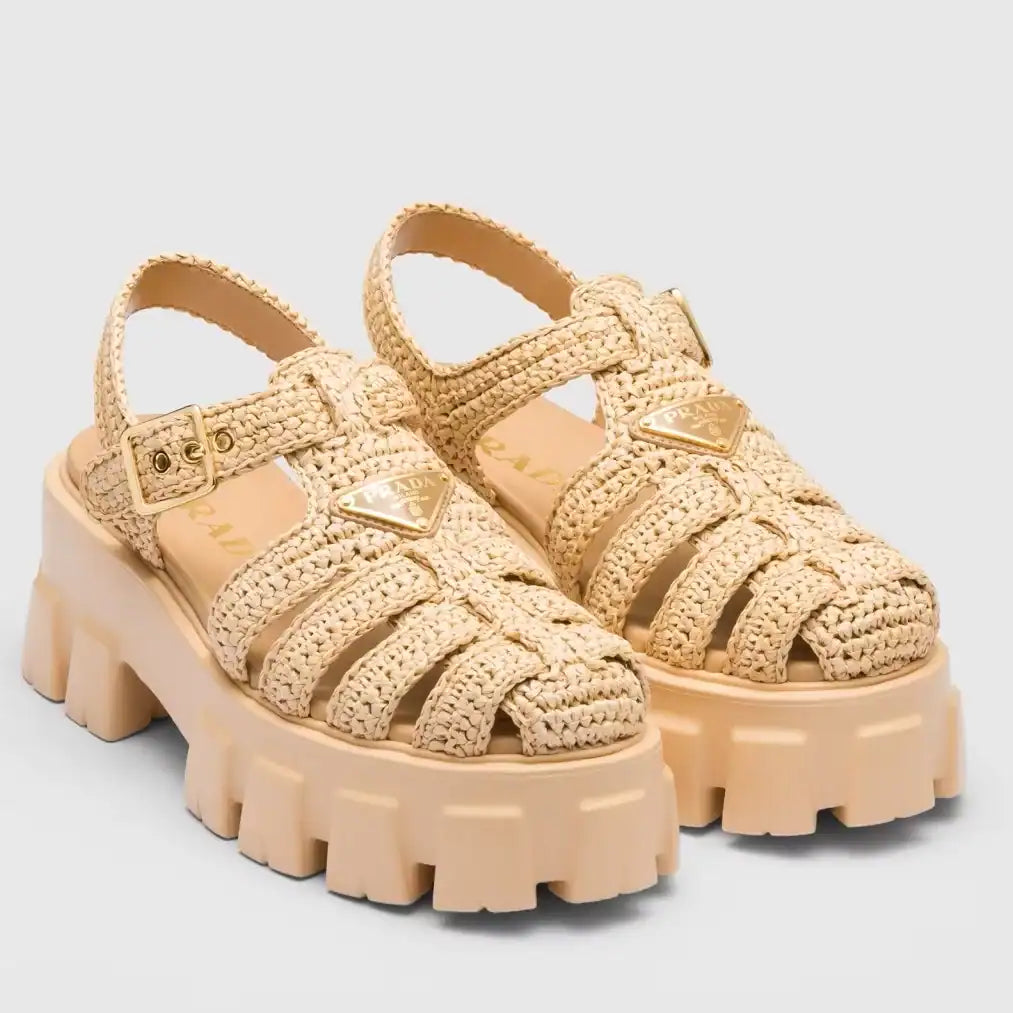PRADA MONOLITH CROCHET CAGE SANDALS IN BEIGE RAFFIA FABRIC – PSD008