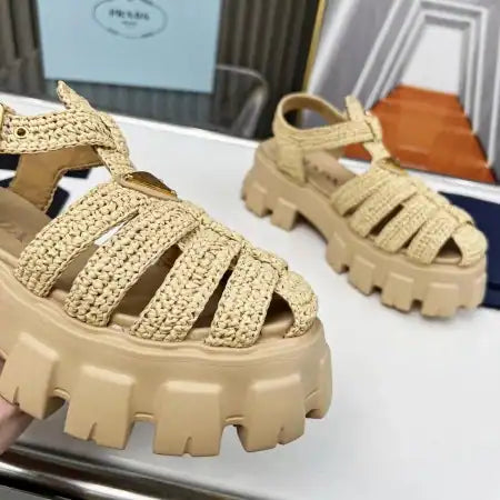 PRADA MONOLITH CROCHET CAGE SANDALS IN BEIGE RAFFIA FABRIC – PSD008