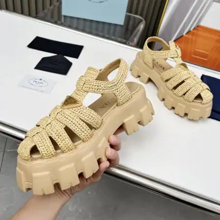 PRADA MONOLITH CROCHET CAGE SANDALS IN BEIGE RAFFIA FABRIC – PSD008