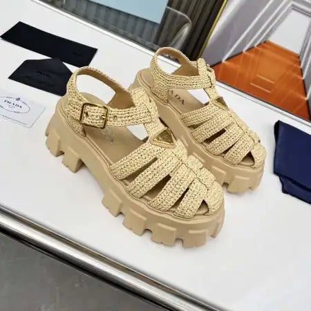 PRADA MONOLITH CROCHET CAGE SANDALS IN BEIGE RAFFIA FABRIC – PSD008