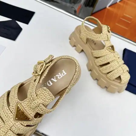 PRADA MONOLITH CROCHET CAGE SANDALS IN BEIGE RAFFIA FABRIC – PSD008