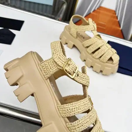 PRADA MONOLITH CROCHET CAGE SANDALS IN BEIGE RAFFIA FABRIC – PSD008