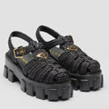PRADA MONOLITH CROCHET CAGE SANDALS IN BLACK RAFFIA FABRIC – PSD009