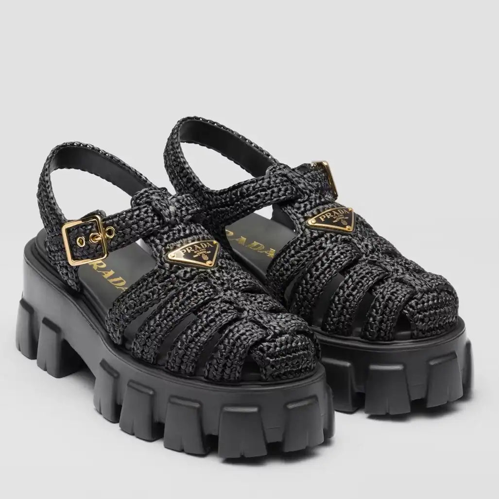 PRADA MONOLITH CROCHET CAGE SANDALS IN BLACK RAFFIA FABRIC – PSD009
