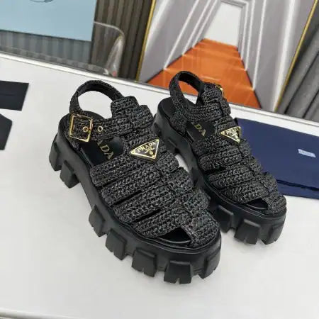 PRADA MONOLITH CROCHET CAGE SANDALS IN BLACK RAFFIA FABRIC – PSD009