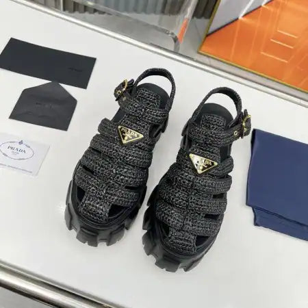 PRADA MONOLITH CROCHET CAGE SANDALS IN BLACK RAFFIA FABRIC – PSD009