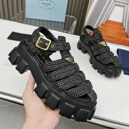 PRADA MONOLITH CROCHET CAGE SANDALS IN BLACK RAFFIA FABRIC – PSD009