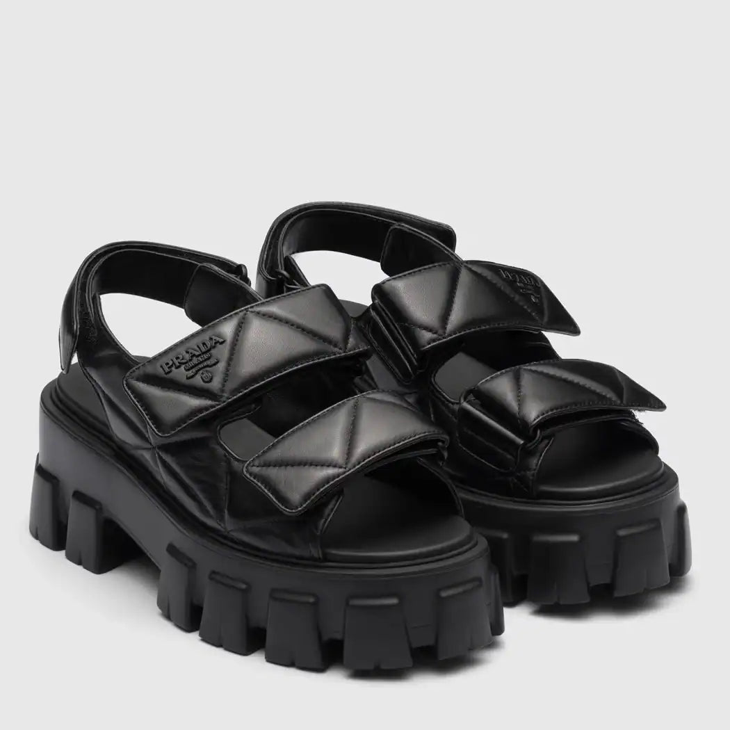 PRADA MONOLITH FLATFORM SANDALS IN BLACK NAPPA LEATHER – PSD019