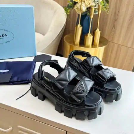 PRADA MONOLITH FLATFORM SANDALS IN BLACK NAPPA LEATHER – PSD019