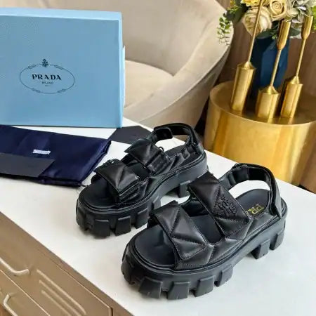PRADA MONOLITH FLATFORM SANDALS IN BLACK NAPPA LEATHER – PSD019