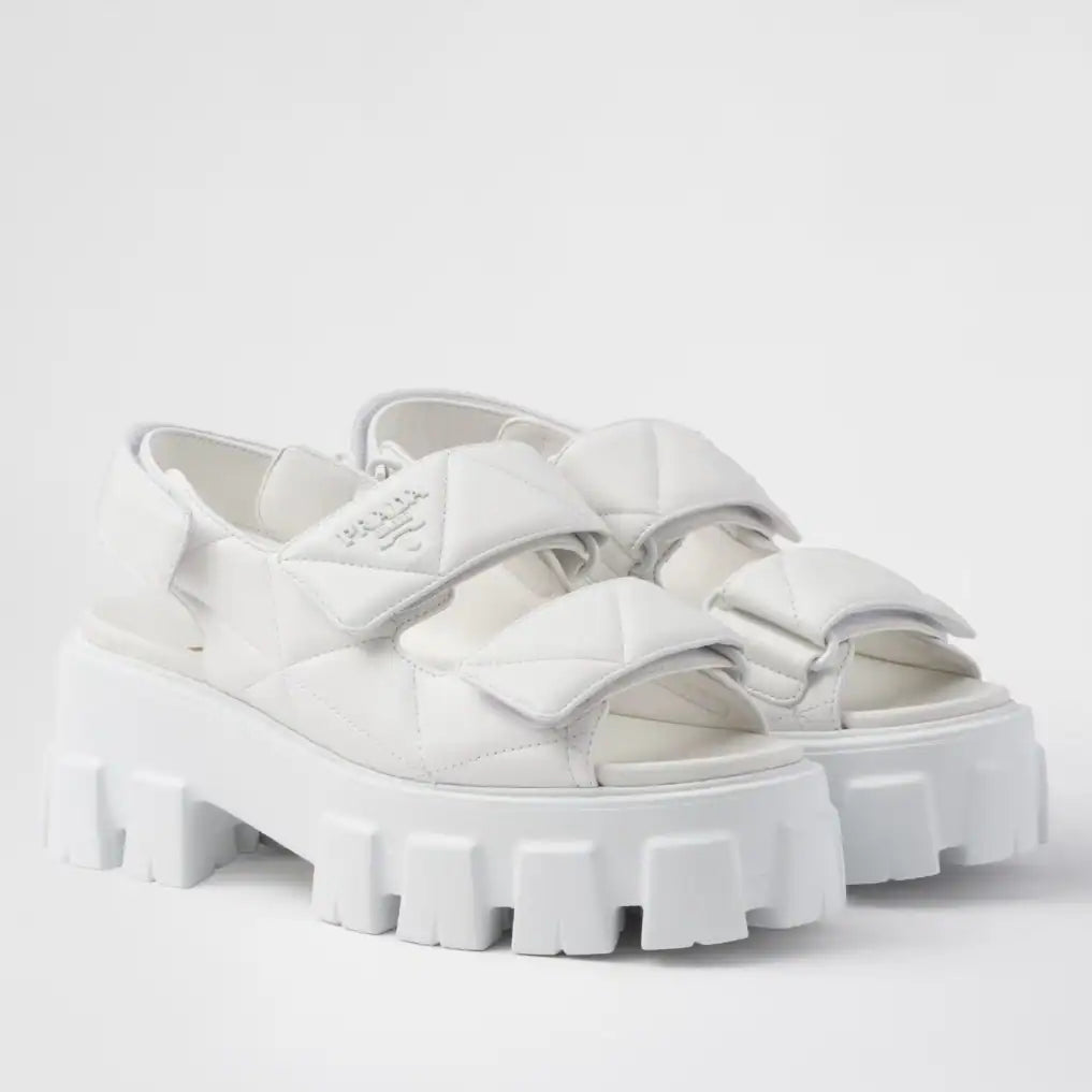PRADA MONOLITH FLATFORM SANDALS IN WHITE NAPPA LEATHER – PSD020