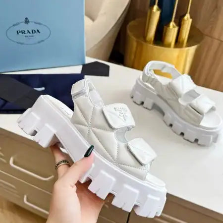 PRADA MONOLITH FLATFORM SANDALS IN WHITE NAPPA LEATHER – PSD020