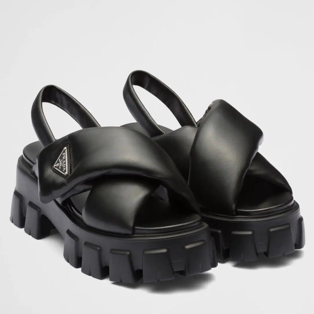 PRADA MONOLITH PADDED SANDALS IN BLACK NAPPA LEATHER – PSD017