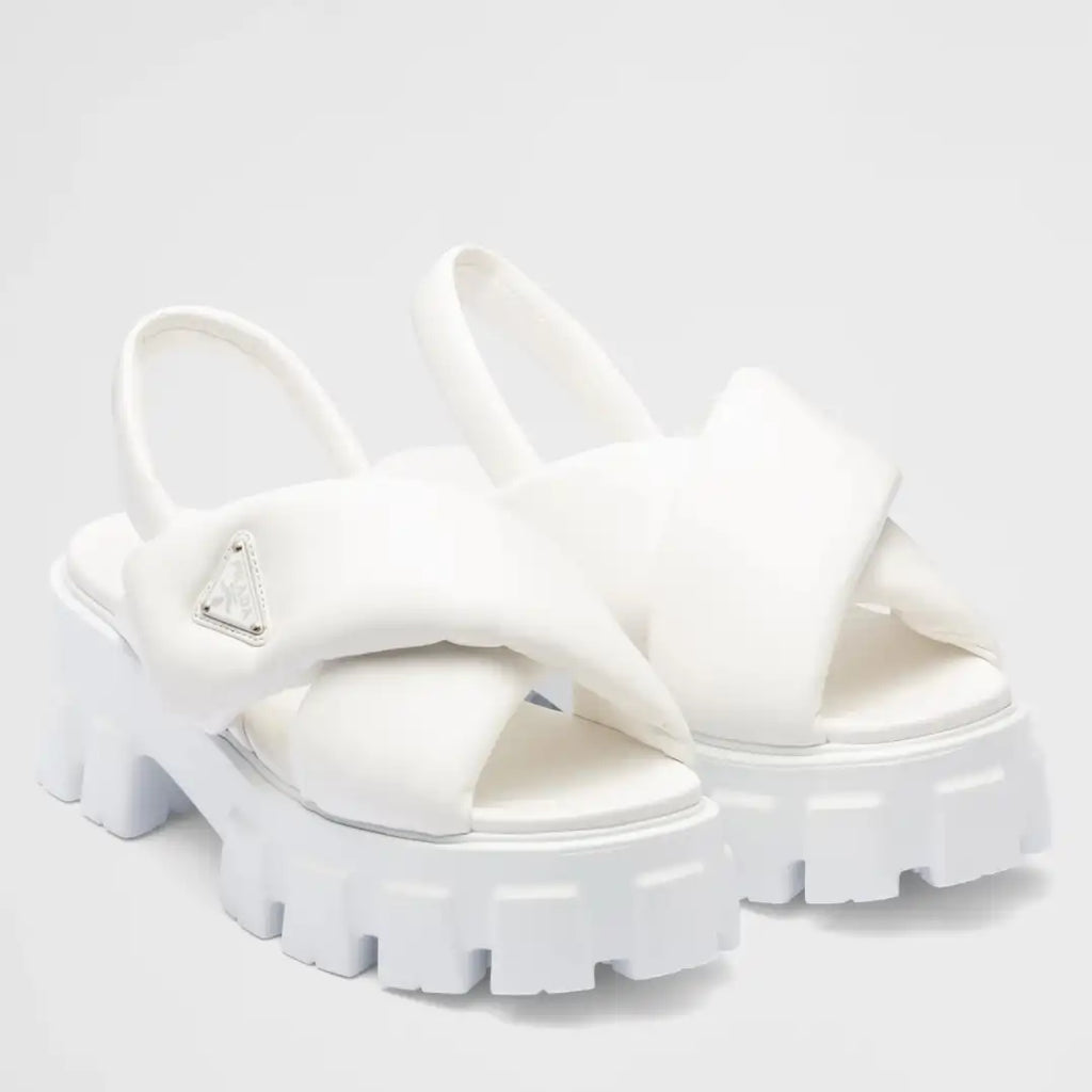 PRADA MONOLITH PADDED SANDALS IN WHITE NAPPA LEATHER – PSD018