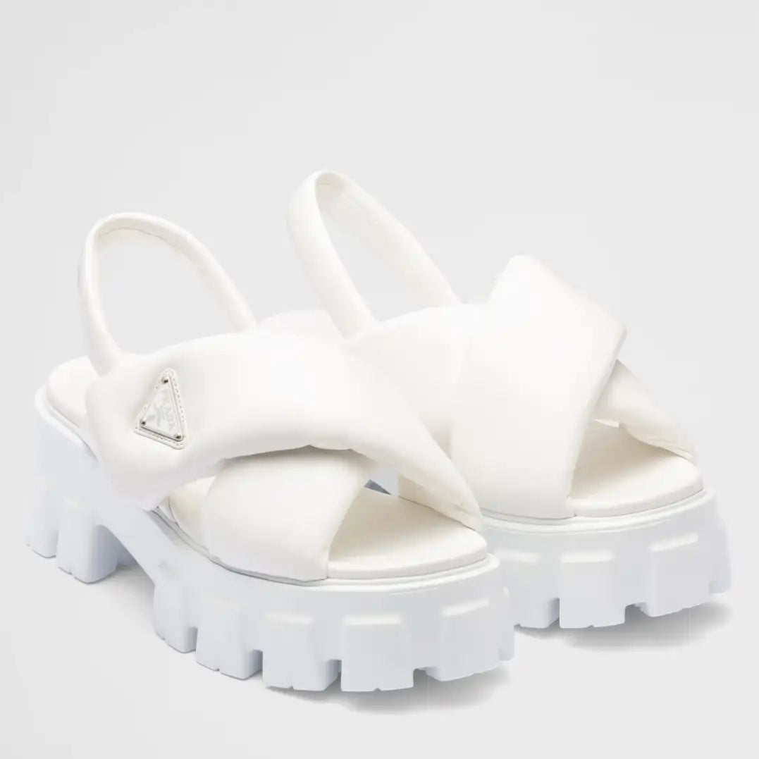 PRADA MONOLITH PADDED SANDALS IN WHITE NAPPA LEATHER – PSD018