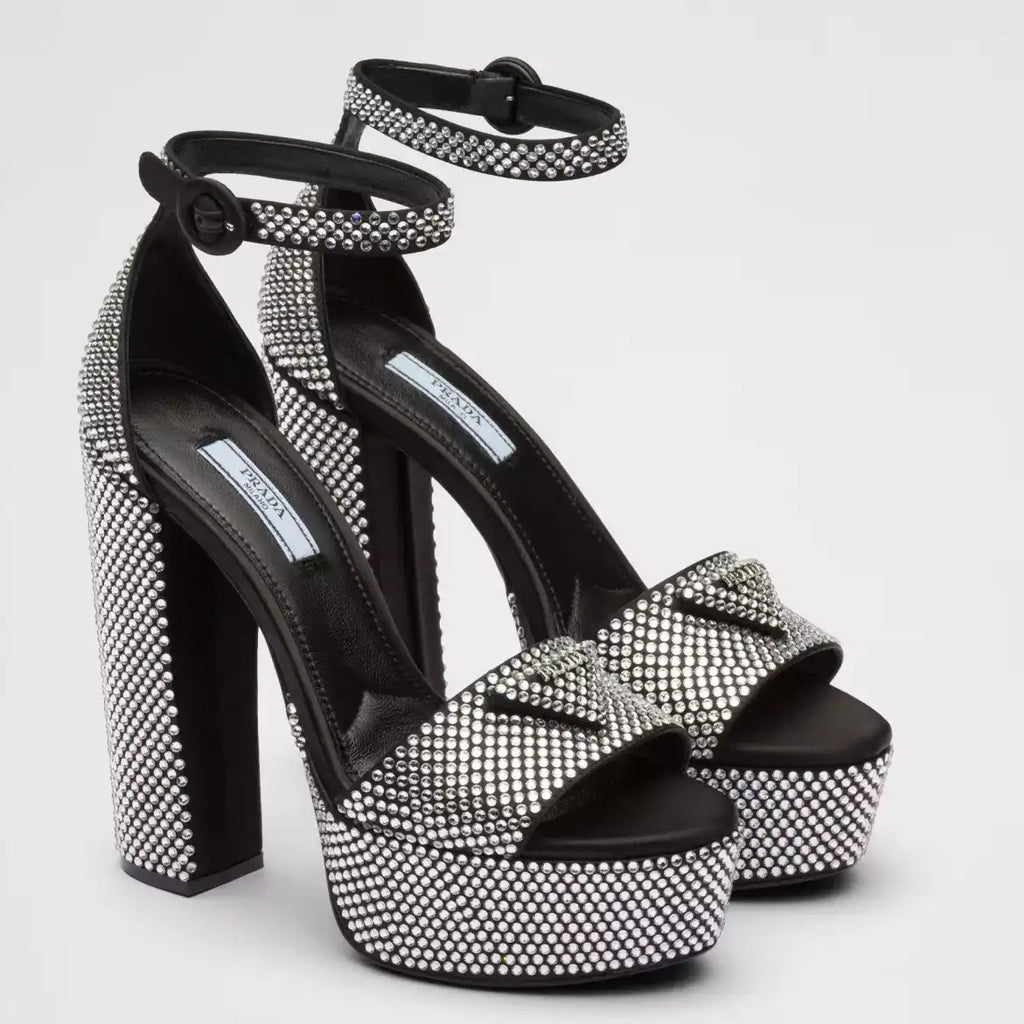 PRADA PLATFORM SANDALS 135MM IN BLACK SATIN WITH CRYSTALS – PSD010