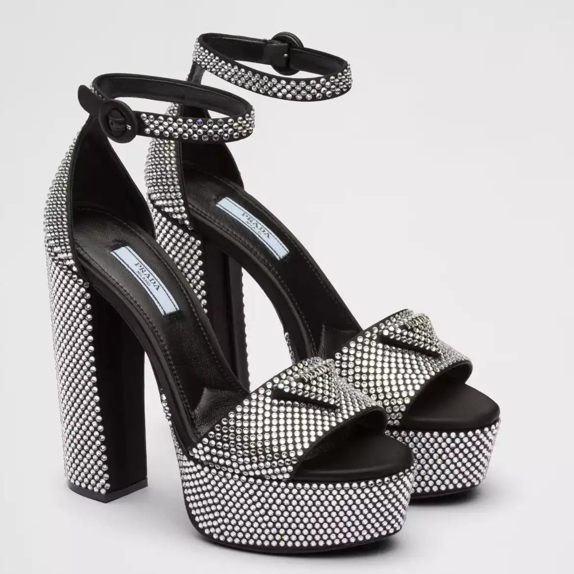 PRADA PLATFORM SANDALS 135MM IN BLACK SATIN WITH CRYSTALS – PSD010