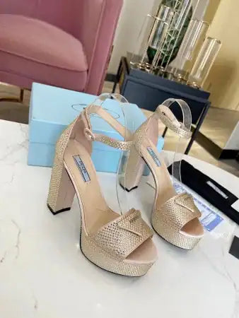 PRADA PLATFORM SANDALS 135MM IN GOLD SATIN WITH CRYSTALS – PSD012