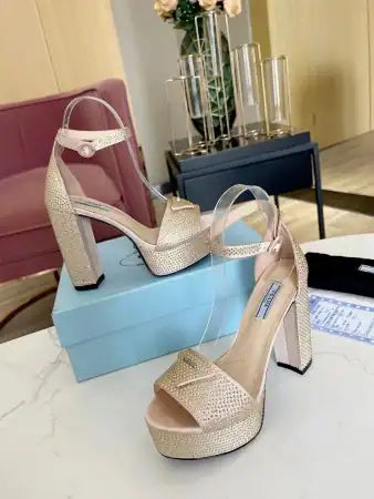 PRADA PLATFORM SANDALS 135MM IN GOLD SATIN WITH CRYSTALS – PSD012