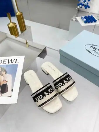 PRADA WOMEN’S EMBROIDERED FABRIC SLIDES – PSD084