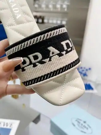 PRADA WOMEN’S EMBROIDERED FABRIC SLIDES – PSD084