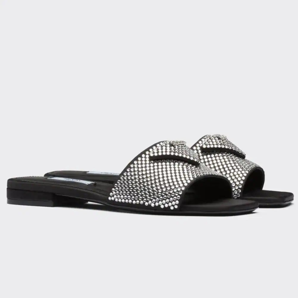 PRADA WOMEN’S SATIN SLIDES WITH CRYSTALS – PSD085