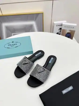 PRADA WOMEN’S SATIN SLIDES WITH CRYSTALS – PSD085