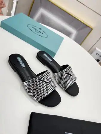 PRADA WOMEN’S SATIN SLIDES WITH CRYSTALS – PSD085