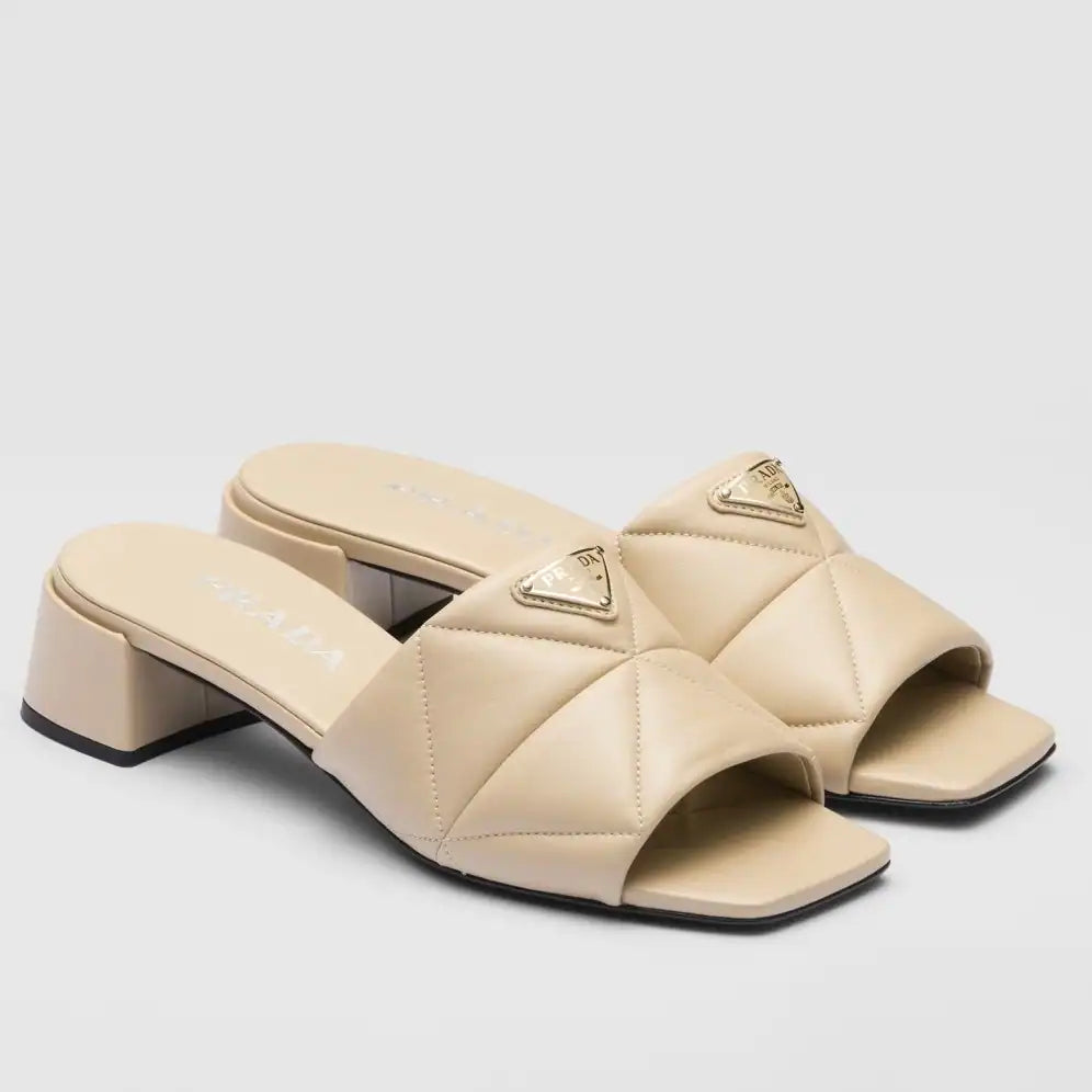 PRADA WOMEN’S SLIDES SANDALS 35MM IN BEIGE NAPPA LEATHER – PSD072