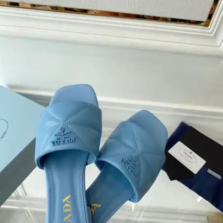 PRADA WOMEN’S SLIDES SANDALS IN LIGHT BLUE NAPPA LEATHER – PSD075